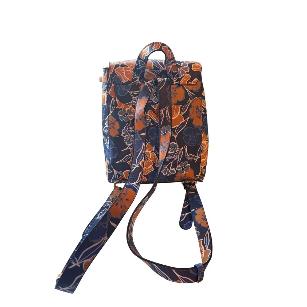 Jacklyn SmithFloral Print Faux Leather Drawstring Backpack Navy Orange Botanical